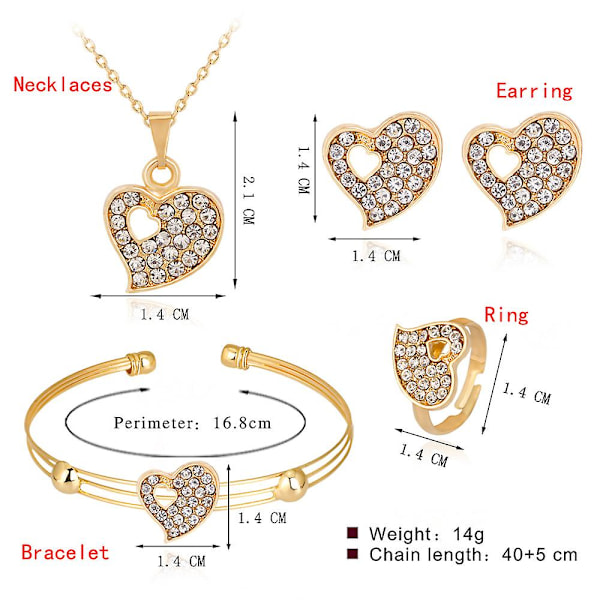 4 stk I 1 Sett Valentinsdag Rhinestone Øredobber Sett Mote Kjærlighet Hjerte Design Armbånd Kreativ Stud Dangler Legering Halskjede Ring Smykker Dekor For W