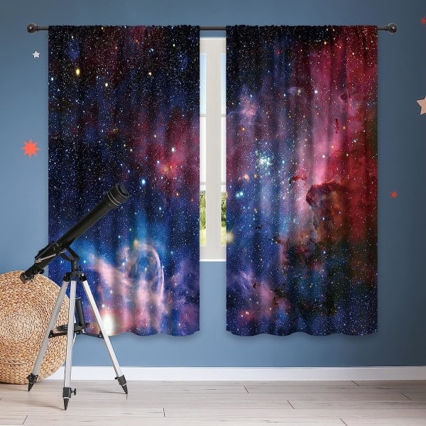 IC Kids Pojkar Gardiner Yttre Rymden Stångficka (2 Delar 100cm*180cm) Blå Planet Nebulosa Kosmisk Svart Psykedelisk