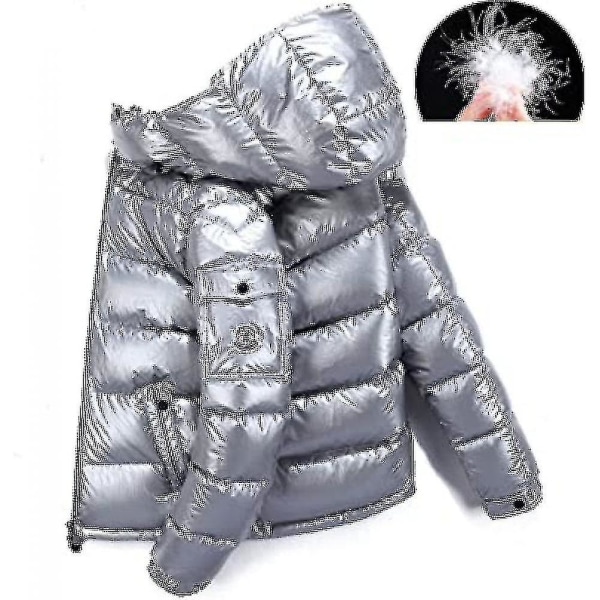 Glänsande dunjacka herr vinterjacka ståkrage knythuva dunjacka-3 Silver 2XL
