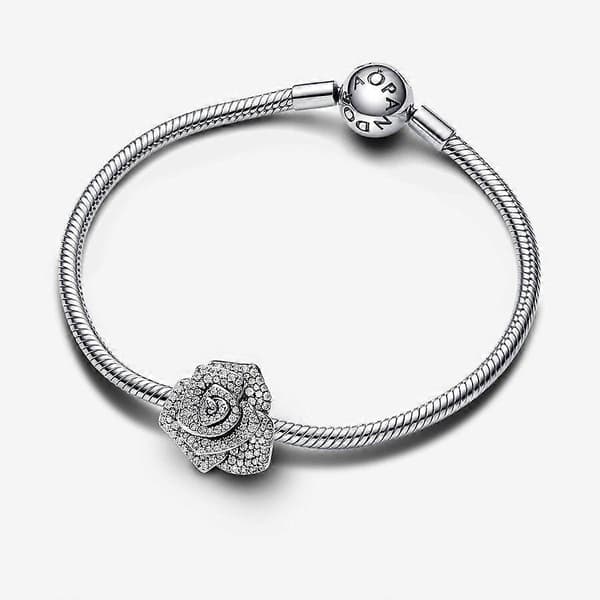 925 Silver Stor Berlock Glänsande Ros i Blom