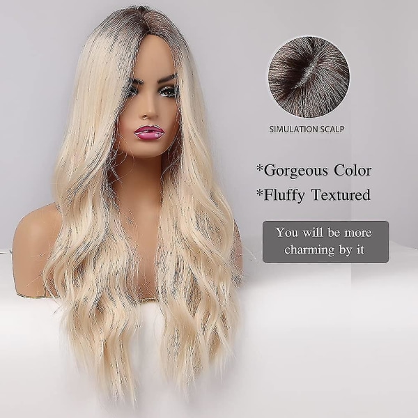 26 tum långa blonda peruker för kvinnor Naturligt syntetiskt hår Ombre blond peruk med mörka rötter Syntetisk peruk Lösa vågiga peruker Värmebeständig