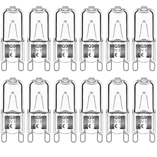 12-pack G9 Halogenlampor 33W 230V 2800K Varmvit 380lm, klara kapselhalogenlampor dimbara, inget stroboskop, inget flimmer