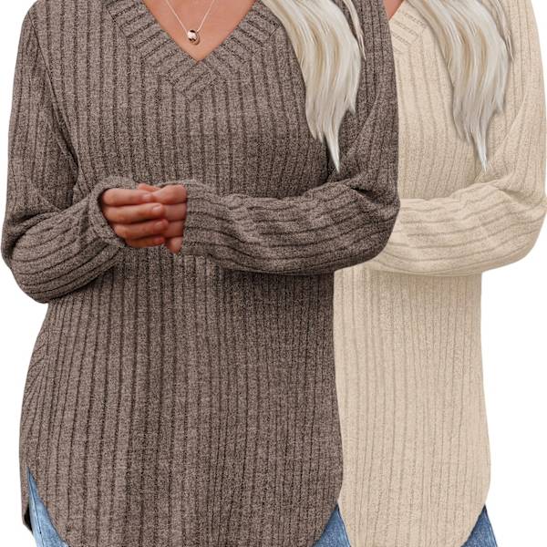Tvådelat set för dammode - höst/vinter långärmad basic lös elegant V-ringning L Blandade färger