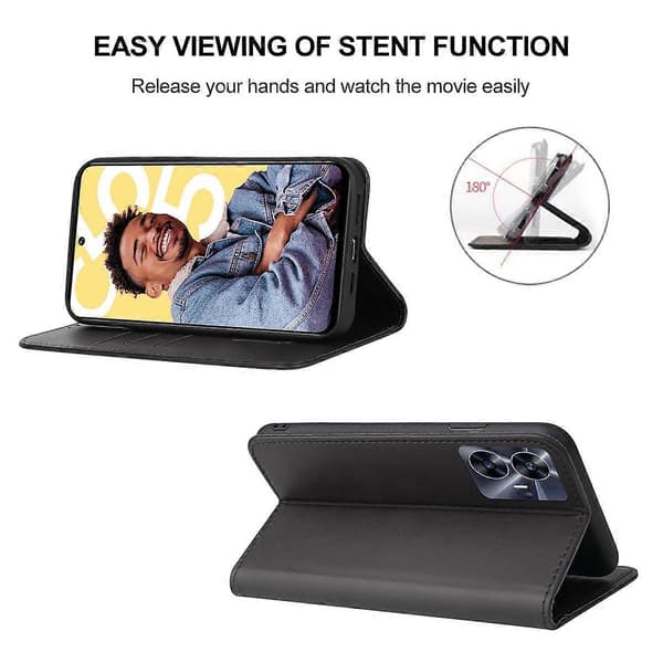 Magnetisk Stängning Läder Telefonfodral Black For Realme C55