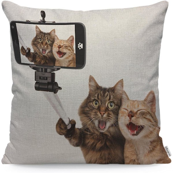 Katter som tar en selfie kuddfodral örngott för soffa heminredning brun vit 45X45 cm