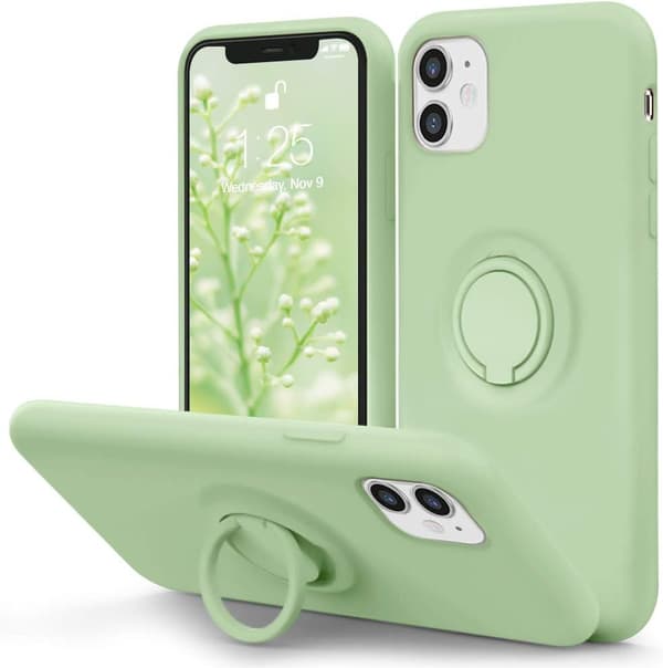 Fodral för iPhone 11 med ringstativ | Supermjukt mikrofiberfoder | Anti-rep flytande silikon stötdämpande fodral för iPhone 11, Matcha