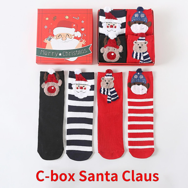 Dam jul 4-par med presentförpackning Ashion Christmas Cartoon Söta strumpor Presentförpackning Mid Tube Socks