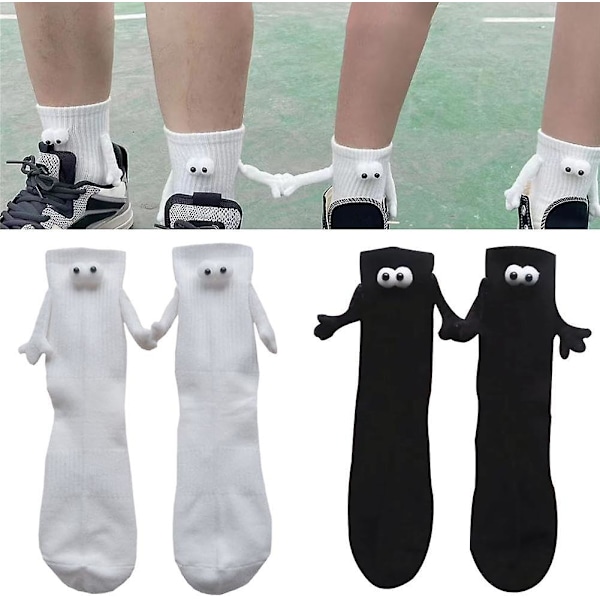 2 Par Funny Magnetiska Sugkoppar 3D Dockparstrumpor, Par som Håller Händer Strumpor Unisex Mellanlånga Strumpor för Kvinnor Män