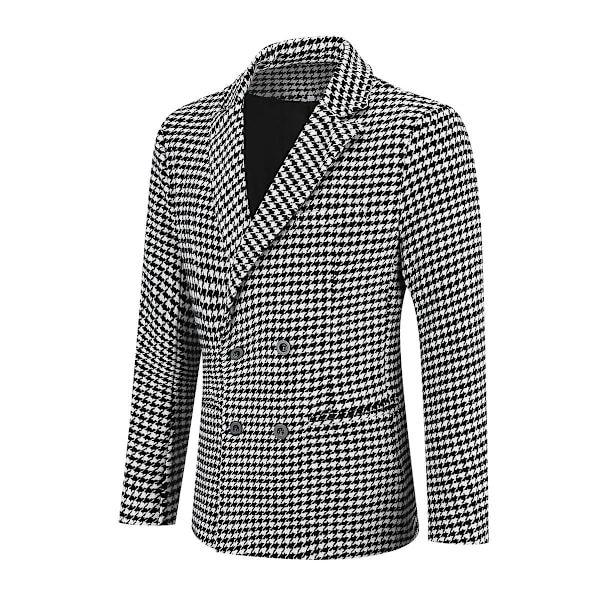 Yynuda Herre Sort Og Hvid Ternet Dobbeltradet 4 Knaps Slim Fit Casual Jakkesætsjakke