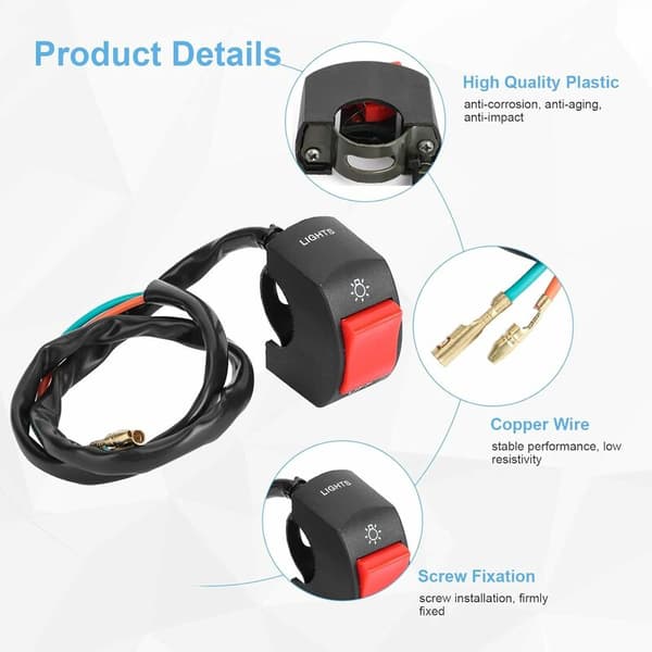 {YM}Waterproof Motorcycle Handlebar Switch Electric Motorcycle Handlebar Mounted Switch LED On/Off with Button (Red)