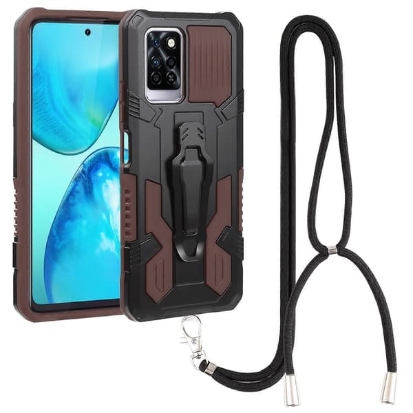 For Infinix Note 10 Pro Armor Warrior Støtsikker PC + TPU Lanyard Telefondeksel Brown