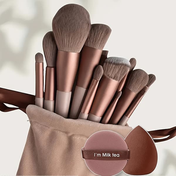 13-delars sminkborstset + 2 svampar, för ögon, foundation, concealer