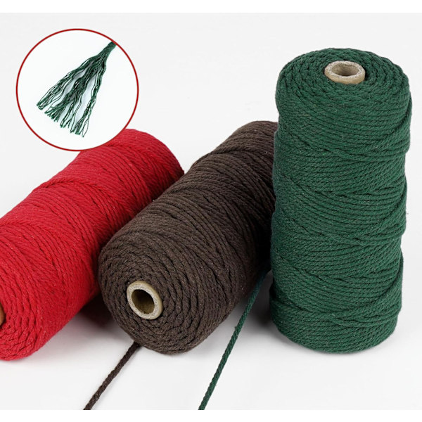 Luonnollinen Makrame-köysi, 3mmx100m Makrame-lanka, Puuvillaköysi käsitöihin, lahjojen pakkaamiseen, boheemiin sisustukseen (Punainen, Ruskea, Vihreä)