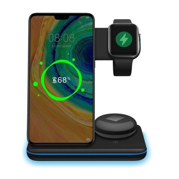 Chargeur sans fil Chargeur 3 en 1 Kompatibla telefoner Montres Écouteurs Station de charge rapide, Blanc