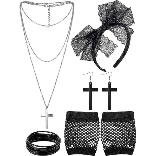 80-tals kostymtillbehör, spets pannband, örhängen , näthandskar Halsband Armband (svart)