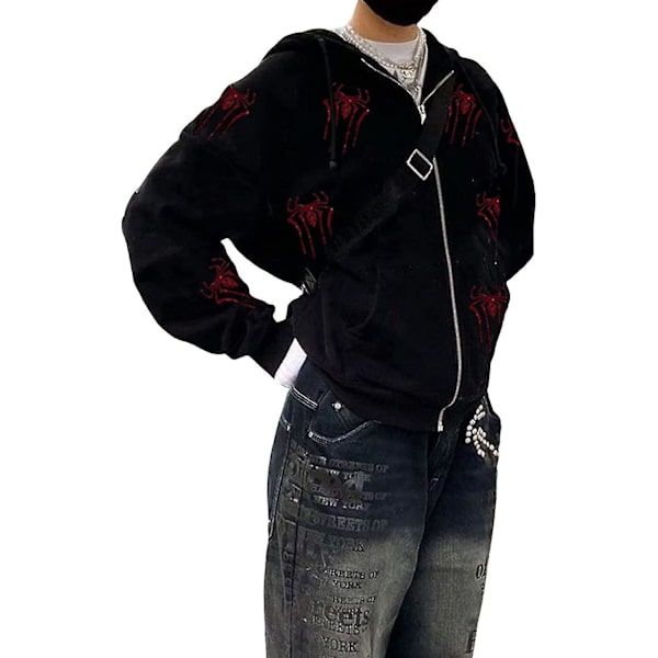 Strass Grafik Zip Up Hoodies för Kvinnor Oversized Y2k Skelett Tryck Tröja Goth Harajuku Jacka Punkgrunge Pullover Streetwear L