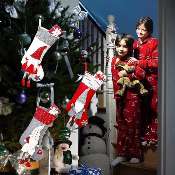Julstrumpor, Juldekoration, Set med 3 stora klassiska julstrumpor för upphängning, tecknade skäggiga jultomtestrumpor, julklappspåse Fo