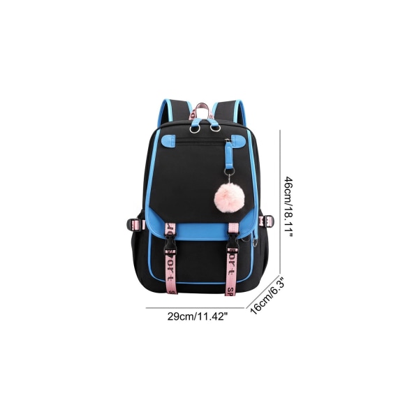 Liveasy21LS Flickryggsäck Middle School Studentväska med USB laddningsport-Blå Svart blue black 460x160x290mm