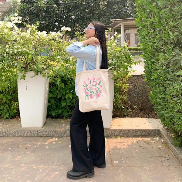 EcoRight 100% Økologisk Canvas Tote Bag med Lynlås, Miljøvenlige Små Tote Bags til Kvinder til Rejser, Strand & Shopping Bloom