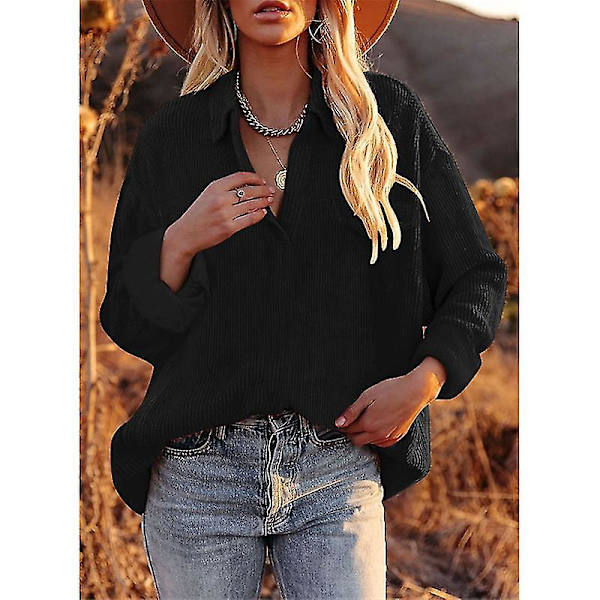 Dame Fløjlsbluse Langærmet Skjorte Oversized Jakke Toppe Løs Revers Bluse Efterårsudvalg Red L