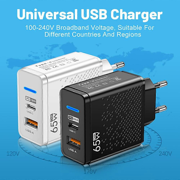 65W USB-C-lader Hurtiglader PD Hurtiglading 3.0 Veggtelefonadapter