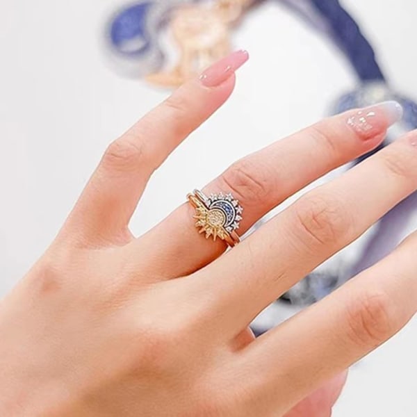 Sol och Måne Ring Set, Stapelbara Ringar, Alla hjärtans dag-present, Justerbara Himmelska Smycken, Matchande Ringar som Vänskapsringar, Presenter