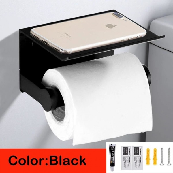 Svart toalettpappershållare i aluminiumlegering duschpappershållare med hylla (svart)