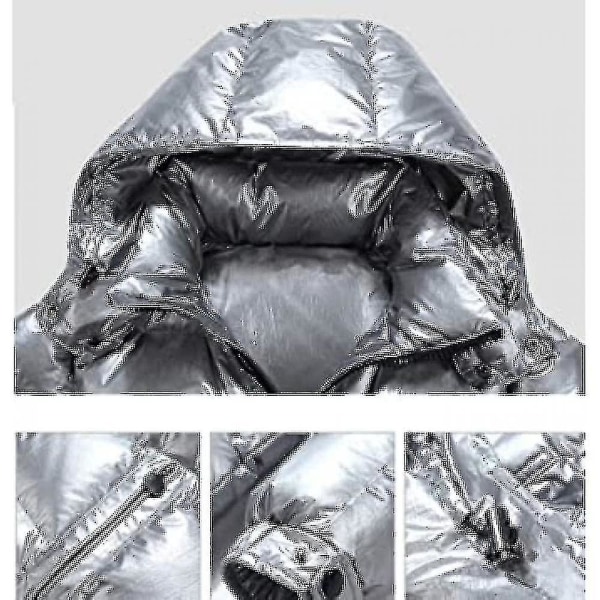 Glänsande dunjacka herr vinterjacka ståkrage knythuva dunjacka-3 Silver 2XL