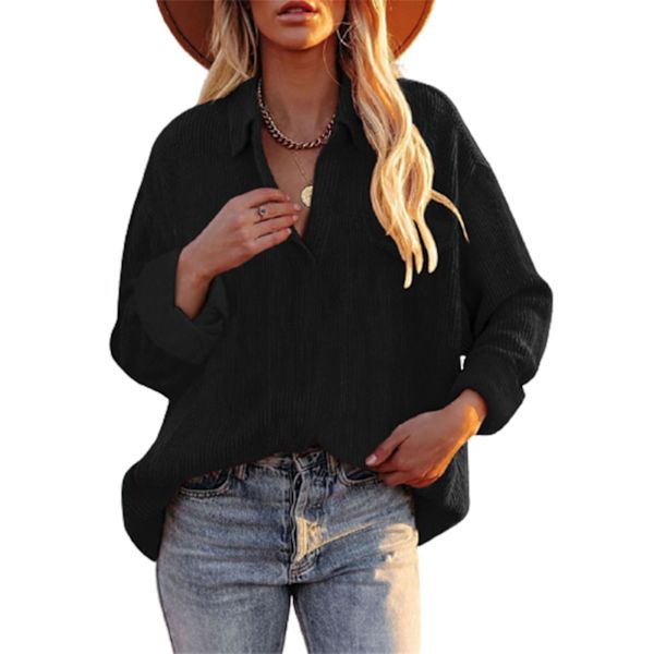 Dame Fløjlsbluse Langærmet Skjorte Oversized Jakke Toppe Løs Revers Bluse Efterårsudvalg Black S