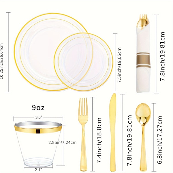 7-delars set (70 delar) transparenta guldplasttallrikar - Guldplastbestickset (YJD) Clear And Golden