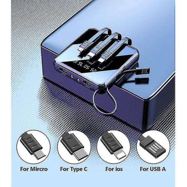 Caseier Universal 20 000 mah Mini Powerbank - 4 typer laddningskabel - 2x USB led display nödbatteri Batteriladdare Laddare Blå blue