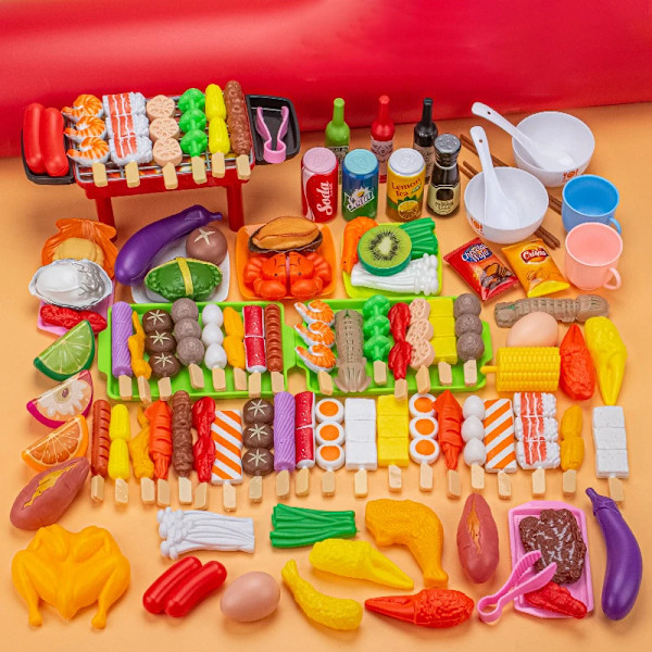 Barn Låtsaslek Kök Leksak Simulering Mat Grönsaker Grill Matlagningsset Pedagogiskt Lekhus Interaktiva Leksaker för Flicka A0002 U 95PCS
