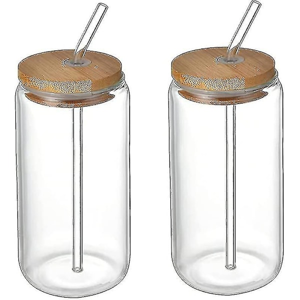 2 stk. drikkeglas med bambuslåg, ølglas, juiceglas, holdbart transparent glas, kompatibelt med drikkevarer og isvand (550 ml), drikkeglas 470ml