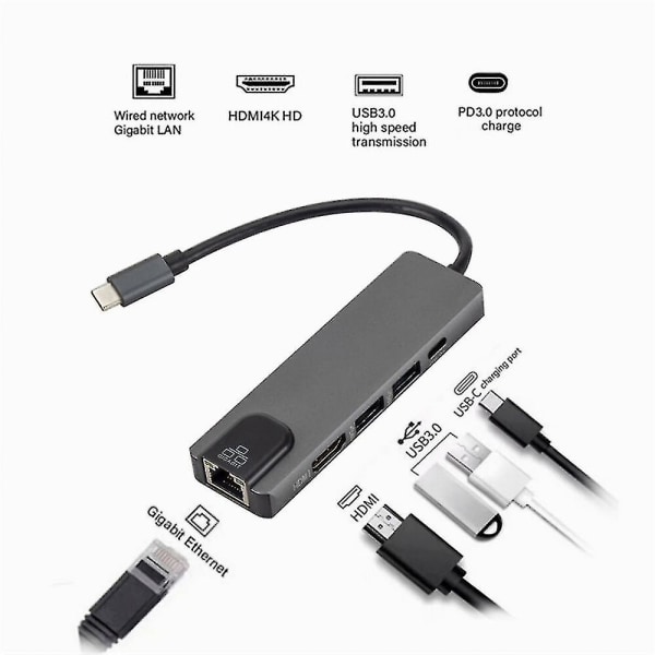 4k 5 i 1 USB Typ C Hub Adapter för Mac Book Pro Thunderbolt 3 Usb-c laddare Pd