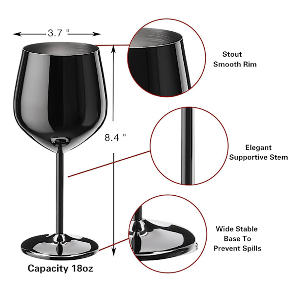Svart vinglass sett med 4, 550 ml uknuselig svart beger, vinglass i rustfritt stål, unikt og bærbart metallvinglass