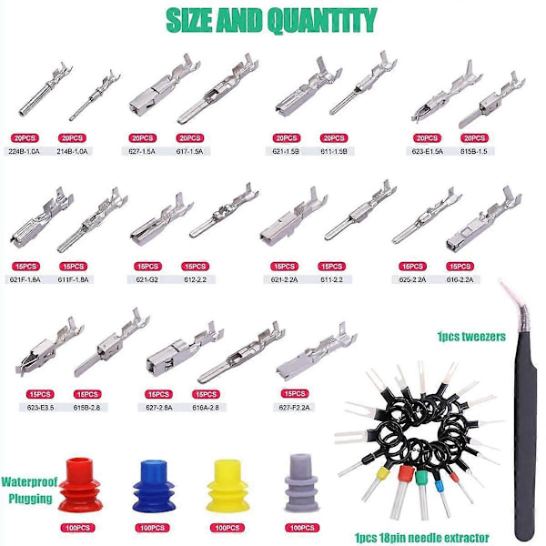 755 st Bil Elektrisk Kabel Terminal Stift Kontakt Kit 1/1.5/1.8/2.2/2.8/3.5mm 21 Typer Kontaktstift [db]