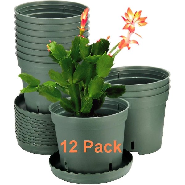 12-pack växtkrukor 6 tums plastkrukor för växter med dräneringshål och brickor