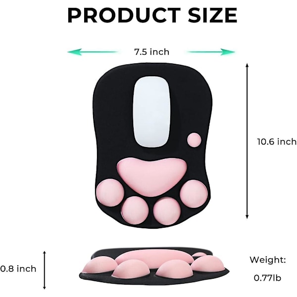 Sød Musemåtte med Håndledsstøtte, Kattepote Musemåtte til Computer Skridsikker Gaming Musemåtte Glat Ergonomisk Musemåtte med Håndledsstøtte, Sort+Pink