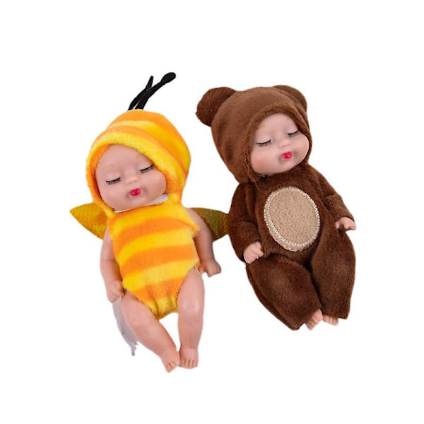 Sød Dyre Babydukke 3,5 tommer Hjort/bi/bjørn Sovende Baby Simuleret Genfødt Dukkelegetøj Yellow A4