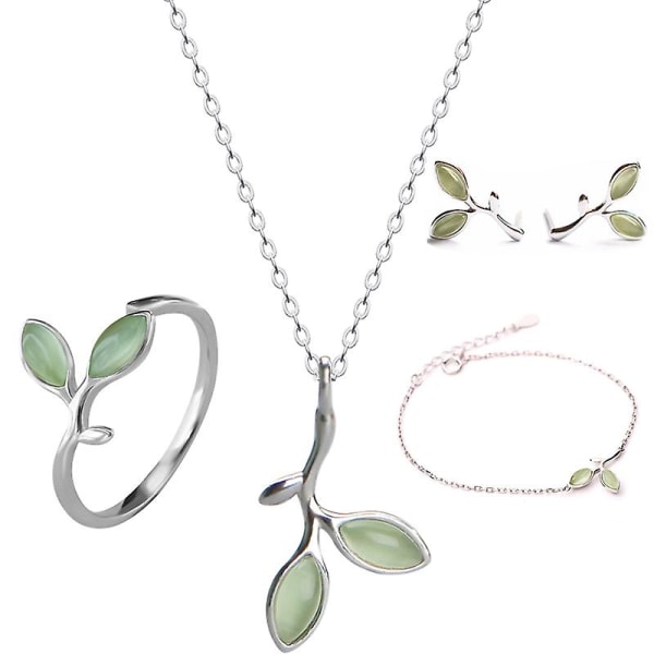 925 Sterling Silver Gröna blad Halsband Charm Armband Ring för kvinnor