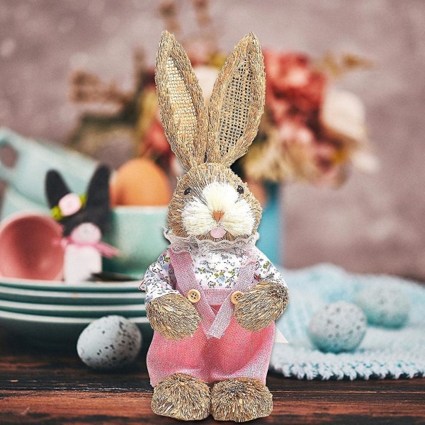 Påsk stående halmkanin våren kanin kanin docka statyett, konstgjord påskhare Djur skrivbordspåsk dekoration för hemmakontoret (h-3)