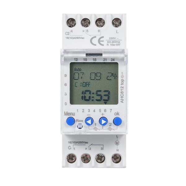 2-kanals timer programmerbar timing switch AHC812 230V 16A ugentlig program digital tidsafbryder DIN-skinne montering