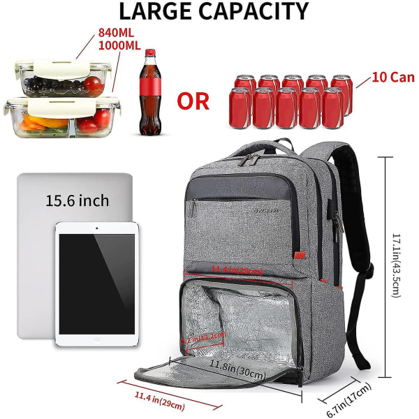 Lunchryggsäck för kvinnor, isolerad kylryggsäck med lunchfack, högskolebokväska med USB port, passar 15,6 tums bärbar dator