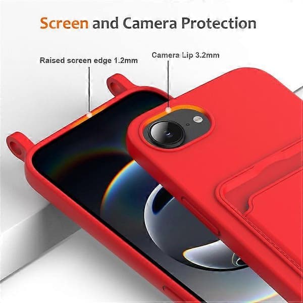 Flydende silikone etui med kortholder og lanyard til iPhone 16e Red