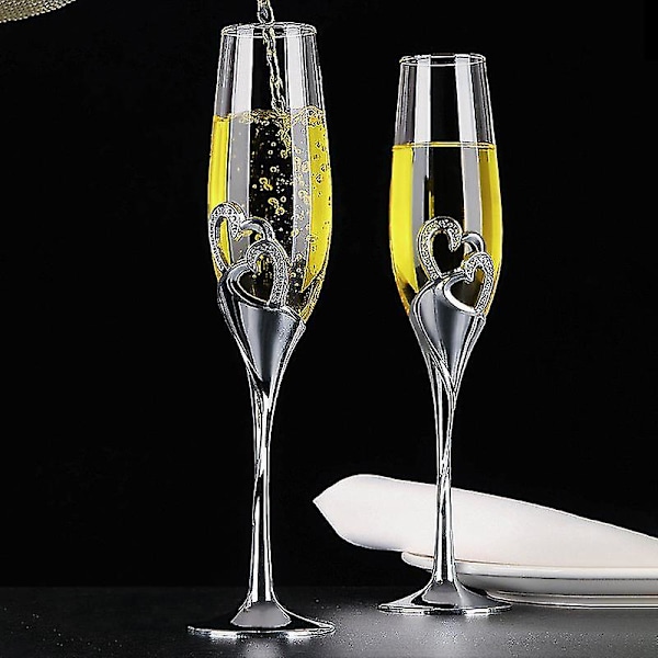 2 st 200 ml Bröllops Champagneglas Set Hjärtan Silver Toasting Flöjt Vinglas Bägare Party Älskare Jubileum Alla Hjärtans Dag Present