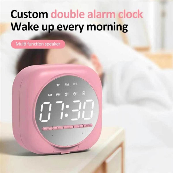 Digital Väckarklocka Portabel Bluetooth Högtalare LED Spegel Ljusstark Högtalare MP3-spelare Stöd TF Subwoofer Portabel Högtalare (Rosa)
