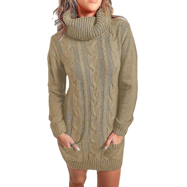 Ny kaki höghalsad lång varm tröja för kvinnor stickad som bärs under tröja 2XL