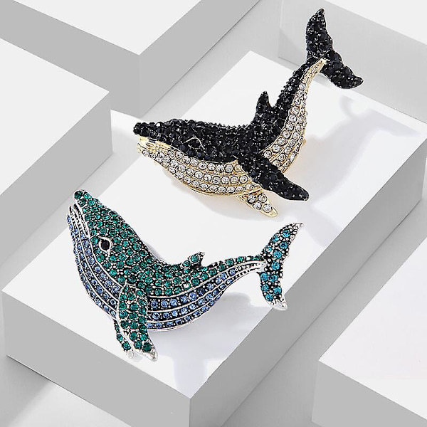 Brosch med delfin och val (blågrön, svart och vit)
