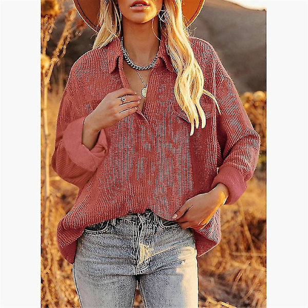 Dame Fløjlsbluse Langærmet Skjorte Oversized Jakke Toppe Løs Revers Bluse Efterårsudvalg Red L