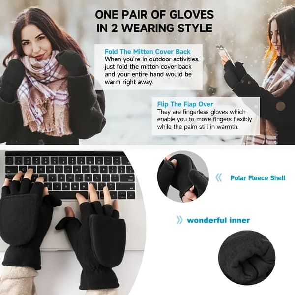 Termiske Vinterhandsker til Kvinder, Konvertible Fingerløse Fuld-Finger Elastisk Manchet Black